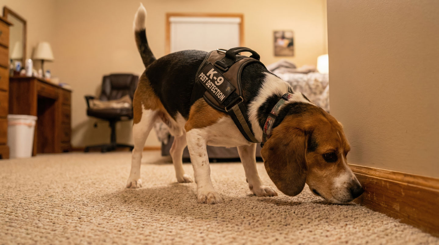 Maître-chien professionnel guidant un chien détecteur en train d'inspecter la zone autour d'un lit double dans une chambre d'appartement contemporain