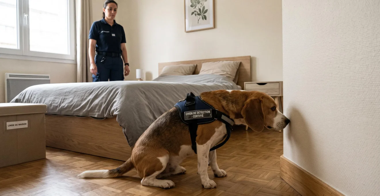 Chien détecteur beagle concentré reniflant la jonction plinthe-mur dans une chambre contemporaine, accompagné de son maître-chien professionnel observant l'inspection en arrière-plan
