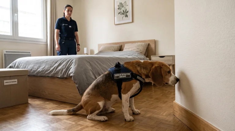 Chien détecteur beagle concentré reniflant la jonction plinthe-mur dans une chambre contemporaine, accompagné de son maître-chien professionnel observant l'inspection en arrière-plan