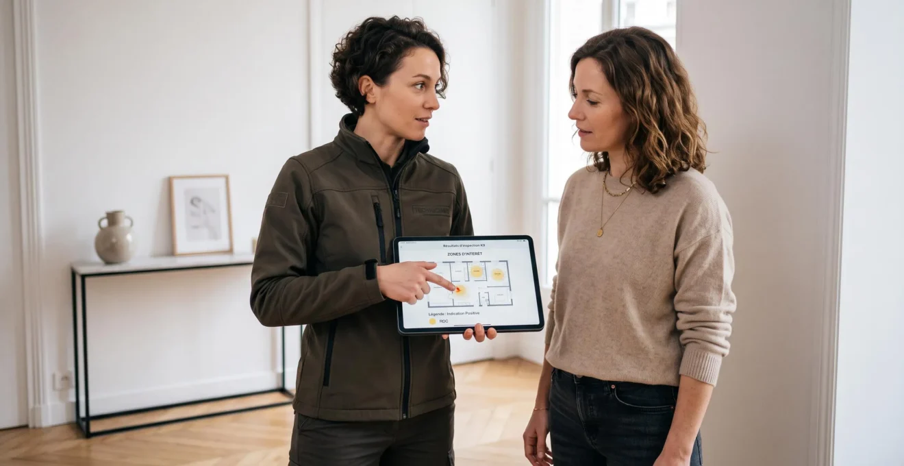 Maître-chien professionnel expliquant les résultats de détection à un client à l'aide d'une tablette dans l'entrée d'un appartement contemporain