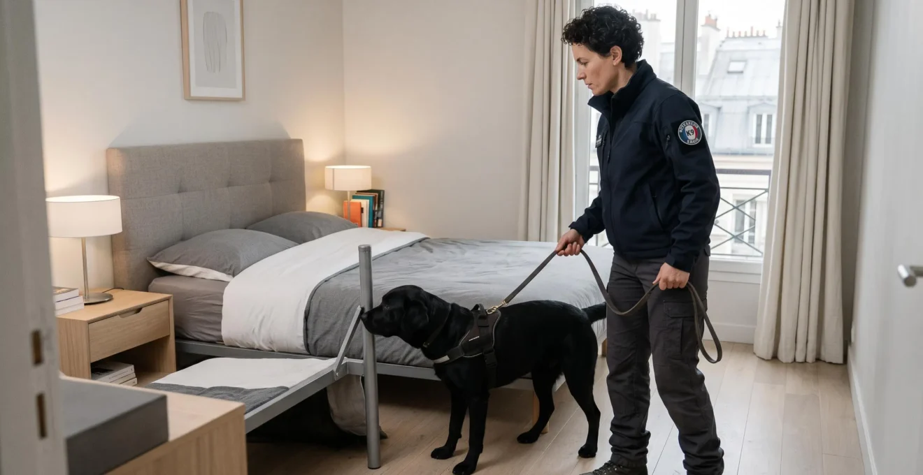 Maître-chien professionnel guidant un chien détecteur en train d'inspecter la zone autour d'un lit double dans une chambre d'appartement contemporain